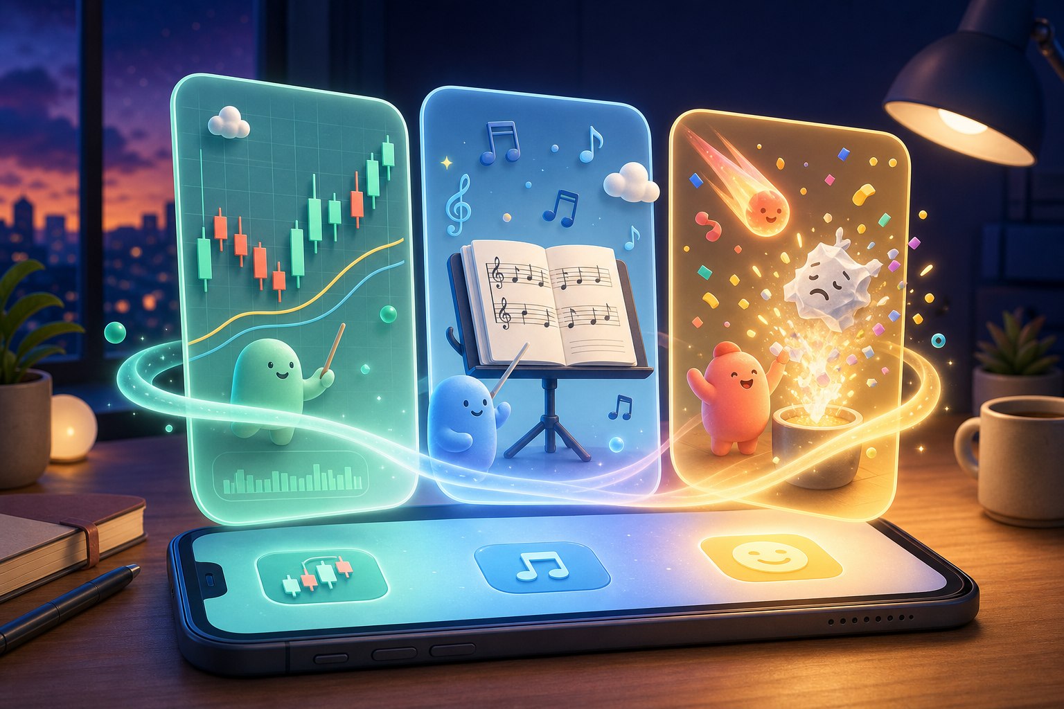 주식 차트와 악보 초견, 마음 정리 도구를 세 개의 패널로 표현한 일러스트