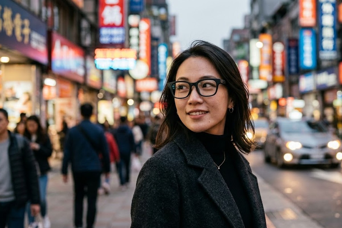 저녁 거리에서 스마트 글라스를 쓴 여성
